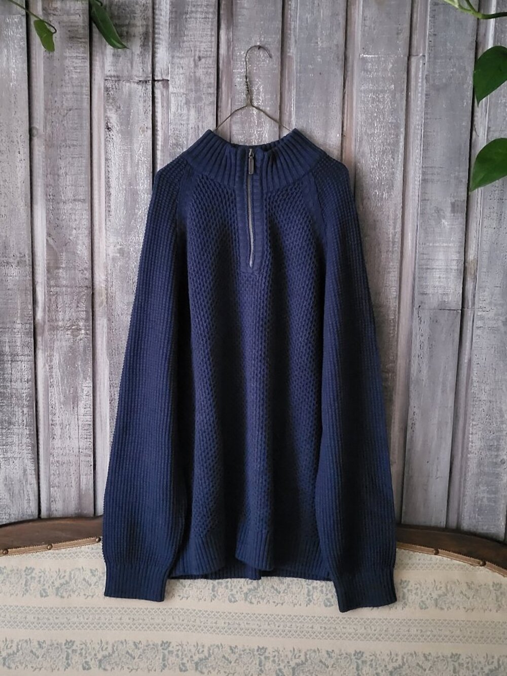 DENVER HAYES Men's 1/4 Zip Knit Sweater Size XL Navy Blue Cotton